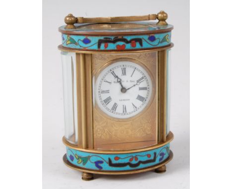 An Elliott & Son of London brass and cloisonné enamel carriage clock, the oval section case of small proportions, enclosing s