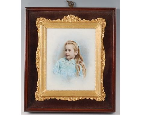 Late 19th century English school - Half-length portrait of a girl, overpainted photograph on porcelain panel, 18 x 15cm, hous