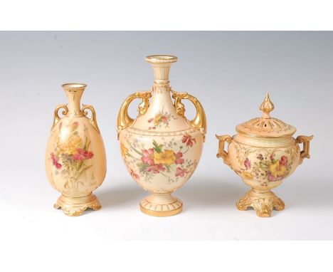 A Royal Worcester blush ware pedestal vase, puce mark shape No.1683, circa 1902, h.23cm, together with a vase and cover shape