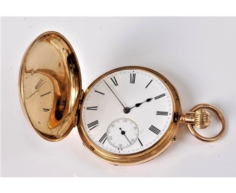 An 18ct full hunter pocket watch, the white enamel dial with black Roman numerals, hands and subsidary seconds, movement stam