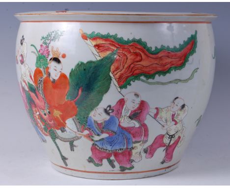 A large Chinese stoneware fish bowl, enamel decorated with ceremonial figure scene dragon and bat on a white ground, heighten