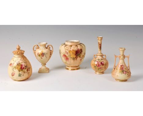 A Royal Worcester blush ware lobed jar, (lacking cover), shape No. 1312, green mark circa 1901, h.15cm, together with four ot