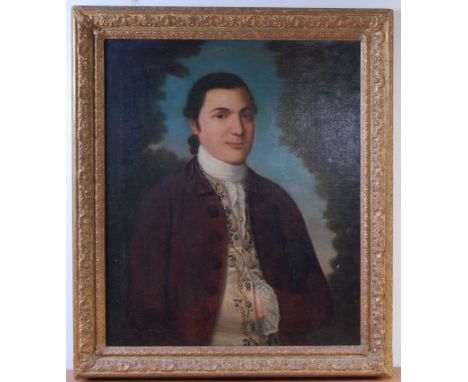 Late 18th century English school - Half-length portrait of a gentleman wearing a silk waistcoat, oil on canvas (re-lined), 74