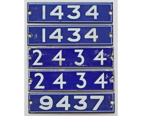 London Underground stock enamel plates, a pair of 1434 and a pair of 2434. Plus another single 9437, Measures 5.25in x 1.25in