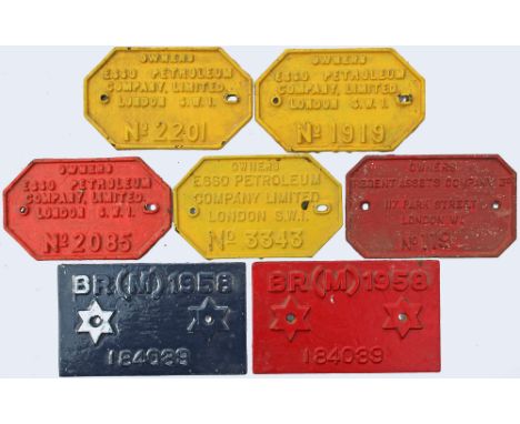 Tanker Wagon Plates qty 7 comprising: ESSO Petroleum No 2201, No 1919, No 2085, No 3343; Regent Assets Company No 119; BR(M) 