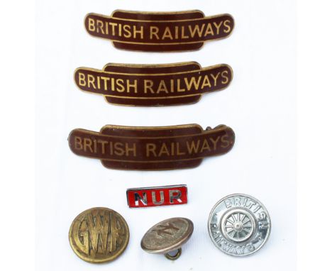 British Railways(W) enamel Totem Gilt Cap Badges by Gaunt, qty 3 together with a small NUR Badge and 3 buttons. (7 items)