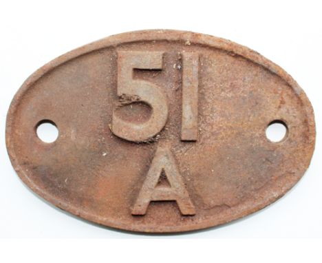 Shedplate 51A Darlington 1950-1973 with a sub shed Middleton-in-Teesdale to 1957. Cleaned but light rust.