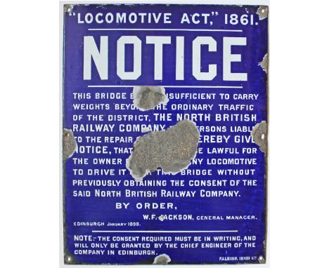North British Railway enamel sign Locomotive Act 1861 Bridge Restriction Notice bearing the signature of W.F. Jackson, Genera