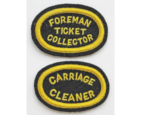 Southern Railway pre 1934 embroidered capbadges, quantity 2, FOREMAN TICKET COLLECTOR and CARRIAGE CLEANER. Both yellow on bl
