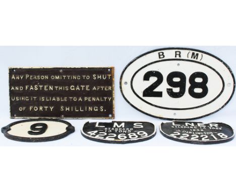 Assorted Cast Iron comprising: GWR untitled Cast Iron Gate Notice; BR(M) Cast Iron Bridgeplate No 298; NER Cast Iron Bridgepl