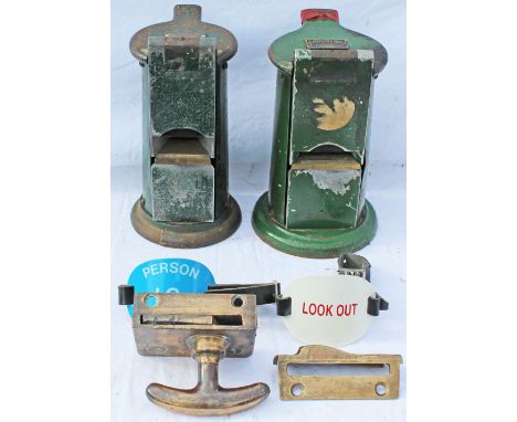 Waterlow Ticket Dating Presses, quantity 2, both with Waterlow brass plate atop, together with quantity 2 enamel Armbands and