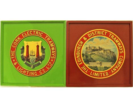 The Edinburgh &amp; District Tramways Company Limited coat of arms transfer mounted on a wooden board measuring 15.5in x 15.5