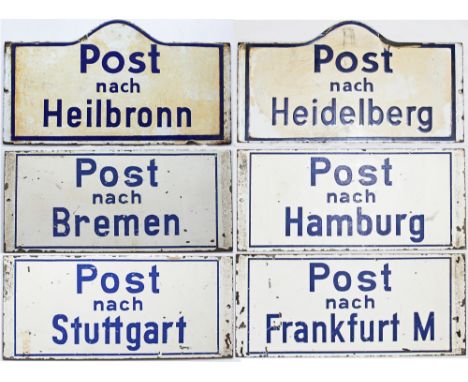 German Postal enamel plates, possibly railway related, quantity 3 double-sided with different destinations each side, compris