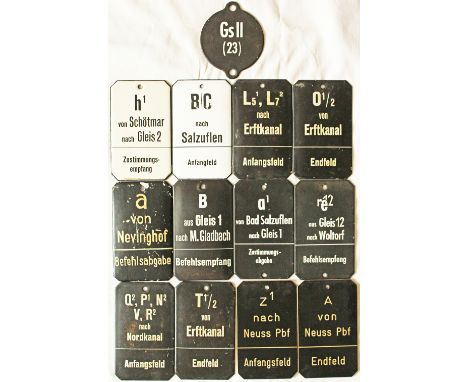 German Railways signalbox lever plates, quantity 12, most are enamel. Includes Salzuflen, Schötmar, M. Gladbach, Erftkanal, W