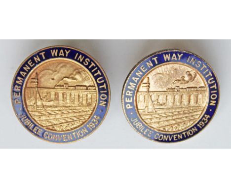 The Permanent Way Institution Jubilee Convention 1934 enamel badges, blue and white on brass, by Thomas Fattorini Birmingham,