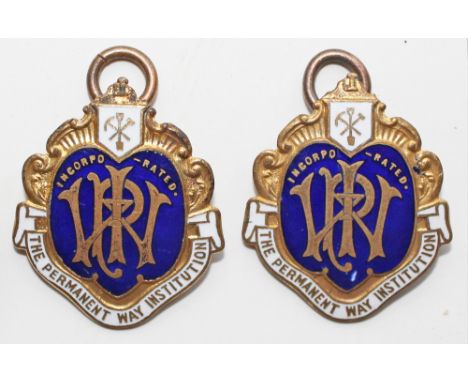 The Permanent Way Institution enamel necklace badge, blue and white on brass, by Benetein, London, a pair. Both in extremely 