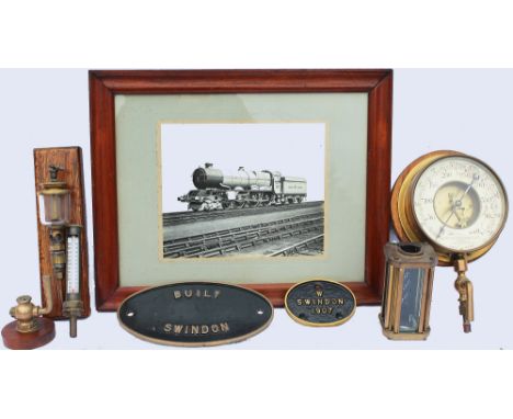 A selection of items to include: W Swindon Coach Plate; GWR official photograph of King George V in glazed frame; Gauge Glass