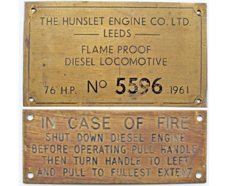 Hunslet Engine Co Ltd Leeds Worksplate Flameproof Diesel Locomotive 76 HP No 5596 built 1961. Ex Durham Mines loco. Rectangul