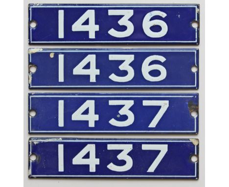 London Underground stock enamel plates, a pair of 1436 and a pair of 1437. Measures 5.25in x 1.25in and in very good conditio