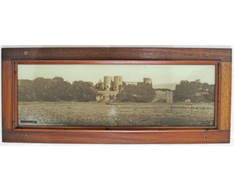 LMS sepia Carriage Print Rhuddlan Castle Flintshire mounted in an original mahogany carriage panel. Measures 33.75in x 14in a