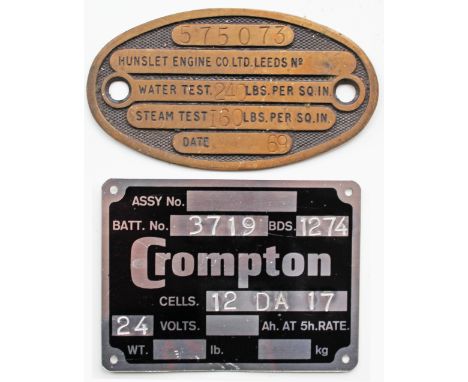Hunslet Engine Co Ltd Locomotive Test plate  575073 dated 1969. Oval brass 4.5in x 2.5in. Together with a Compton battery pla