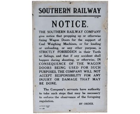 Southern Railway enamel sign re Propping Of Wagon Doors Notice, Waterloo Station 1925. In good condition with some minor edge