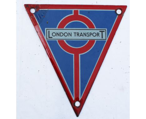 London Transport RT Bus triangular enamel radiator badge. Approximately 6in x 5.75in  Some restoration top left tip.