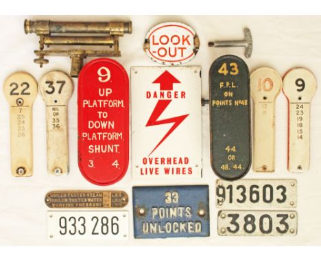 An assorted lot containing mixed signalbox lever leads one of which is LNWR, two Southern and four plastic; Look Out enamel a