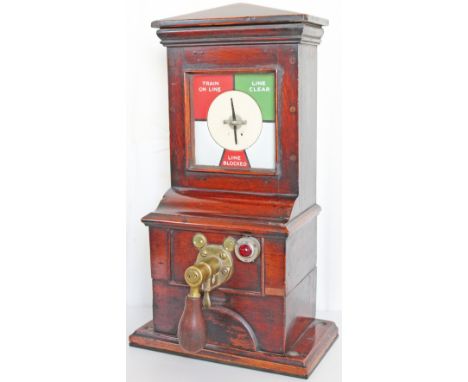 Midland Railway Mahogany Cased Signal Box Pegging Instrument with enamel dial showing Train on-Line, Line Clear and Line Bloc