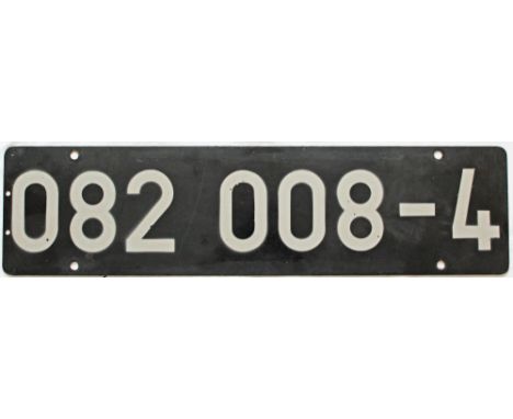 German Railways DB enamel smokebox numberplate number 082 008-4. The loco was an 0-10-0T built by Krupp in 1950 and when with