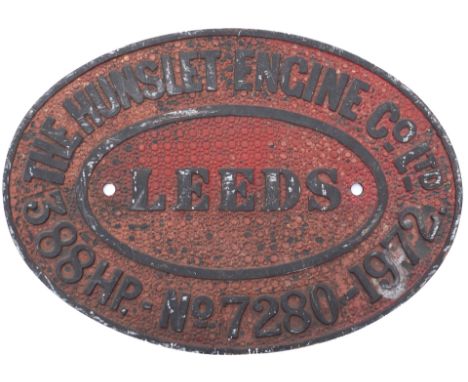 Worksplate THE HUNSLET ENGINE CO LTD LEEDS 388HP No 7280 1972 from a Diesel Locomotive supplied to British Steel at Ravenscra