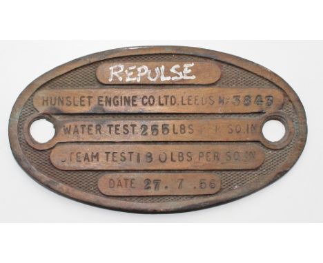 Works Boiler Plate Hunslet Engine Co Leeds No 3843 dated 27.7.56 and showing Water Test pressure and Steam Test pressure. Ex 