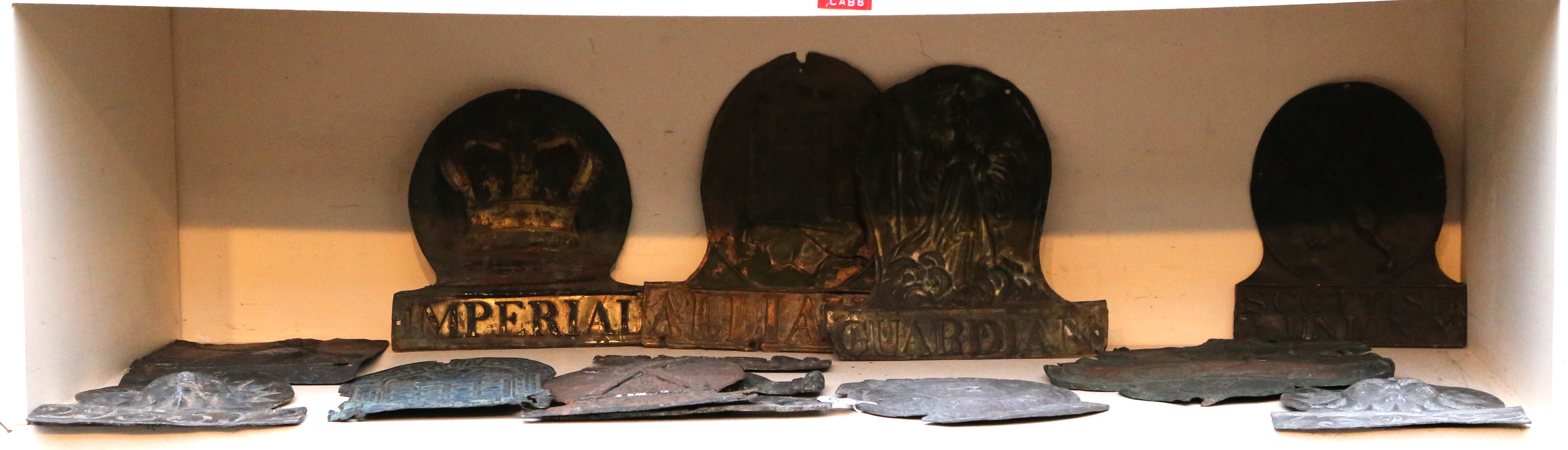 Fire marks, insurance wall plaques, various ages; Lead Sun Insurance x