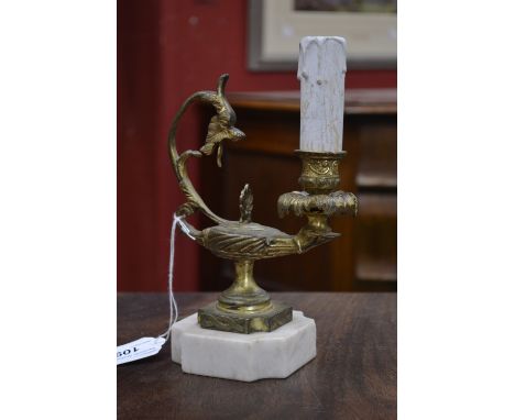 A gilt bronze dragon handled lamp, on marble base