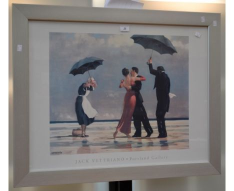A Jack Vettriano print, Umbrellas, 58cm x 68 cm, matte silver frame