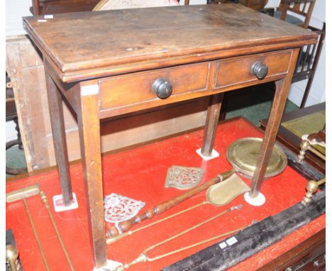 A George III mahogany card table, fold over top, baize lined playing surface, two short drawers to frieze, associated handles