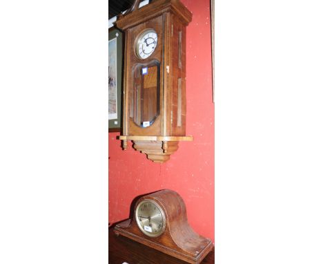 A modern Vienna style striking wall clock, white dial, Roman numerals;  an oak mantel clock (2) 