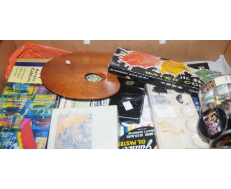 Artists equipment.-  a George Rowney & Co. watercolour palette; ceramic palette; water colours; etc (1 box)