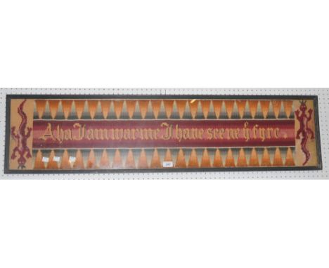 A tapestry wall hanging (All Ye Damn Men Shall See Me In Fire), with fierce dragon motifs, in colourful wools, 120cm x 28cm, 