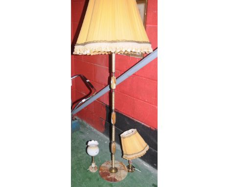 An onyx standard lamp; two similar table lamps; a set of decorative onyx and gilt brass balance scales (6)