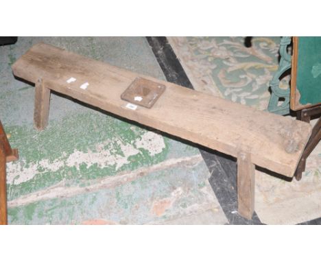 A wicker laundry basket ; an oak low work bench with steel tapering retaining collet; a small folding card table with baize c
