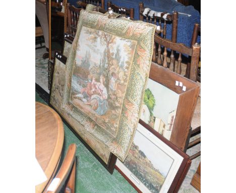 Two framed tapestries; a wall hanging tapestry; two mirrors; an oil on board, Spanish scene; an embroidery etc.