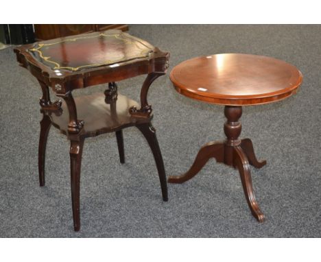 A contemporary shaped square tooled leather occasional table, shaped supports, under tier; a contemporary mahogany lamp table