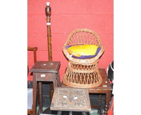 A square oak occasional table, barley twist supports;  a jardiniere stand;  carved milking stool, standard lamp;  wicker chil