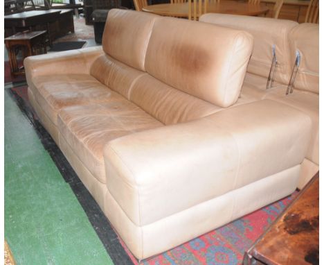 A pale brown leather reception sofa, with adjustable back rests, Maxdivani Hand Made in Italy' label, approximate width 236cm