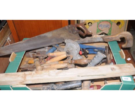 Carpenter's tools including chisels, various, hand saws, drill braces, smoothing plane etc.