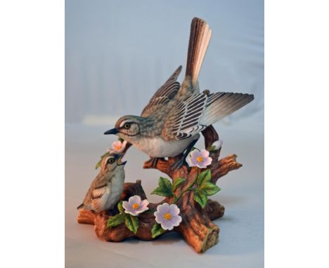 Bisque Porcelain Decorated, hand created, hand painted featuring an Adult Mockingbird with Young. Issued: 2000. Malaysia. Hal