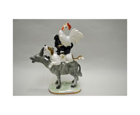 Fine Bone China, Glazed. Vintage Figurine featuring a Donkey with a Dog, Cat and Rooster stacked on top of each other. Authen