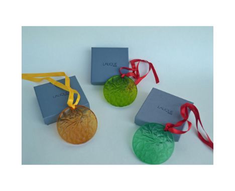 Vintage Lalique Crystal Christmas Ornaments for 1990, Mistletoe Green, 2 3/4" Dia. Boxed. 1991 Mistletoe Amber, 2 3/4" Dia. B