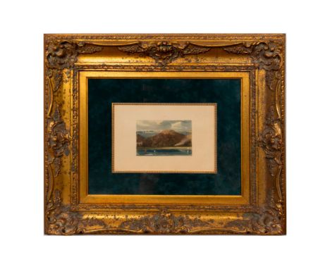Vintage European Hand Colored Engraving, with Beautiful Mountain Scenery and Sailboats in the Foreground. Gold Ornate Frame. 